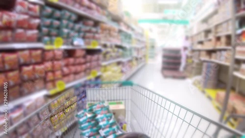 Time lapse,Shopping cart moving through supermarket aisles. photo