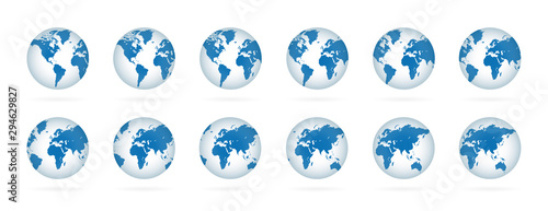 Realistic world globe maps set. 3D blue planets illustration