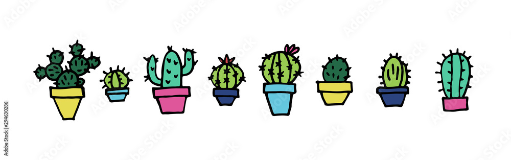 Fototapeta premium Stickers of 8 cute doodle cactus in pots of bright colors pink, green, blue, cyan, yellow