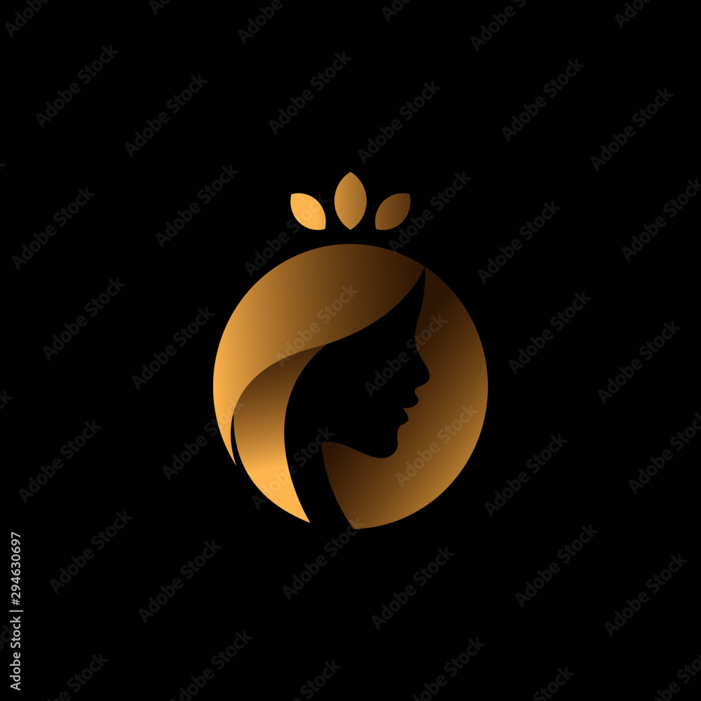 simple negative space illustration or logo of a Beauty long hair woman or girl silhouette wearing natural leaves crown in elegant gold color black background .vector simple negative space illustration or logo of a Beauty long hair woman or girl silhouette wearing natural leaves crown in elegant gold color black background .vector