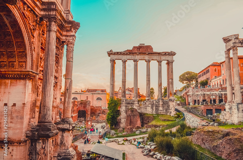 ruins the Temple of Saturn at the western end of the Roman Forum. Rome, Italy photo