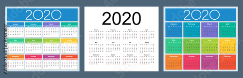 Calendar 2020 year. Colorful English set. Week starts on Sunday. Vector template collection. Basic grid. Isolated illustration.