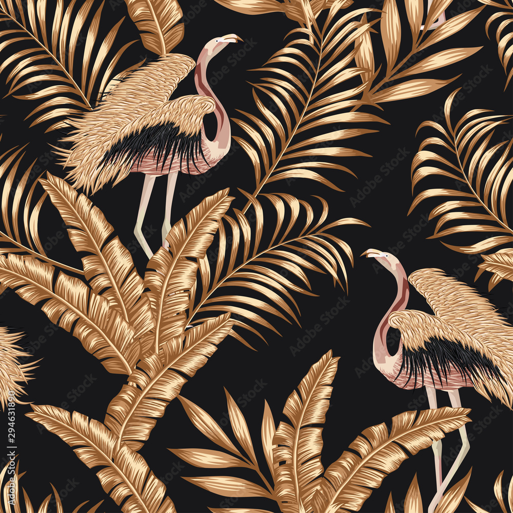 Fototapeta Golden bird flamingo gpld leaves seamless black background