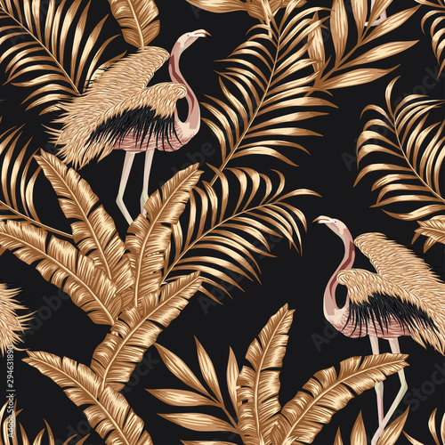 Canvas Print Golden bird flamingo gpld leaves seamless black background