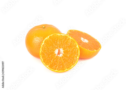 whole and half cut ripe Australia honey murcott mandarin orange on white background