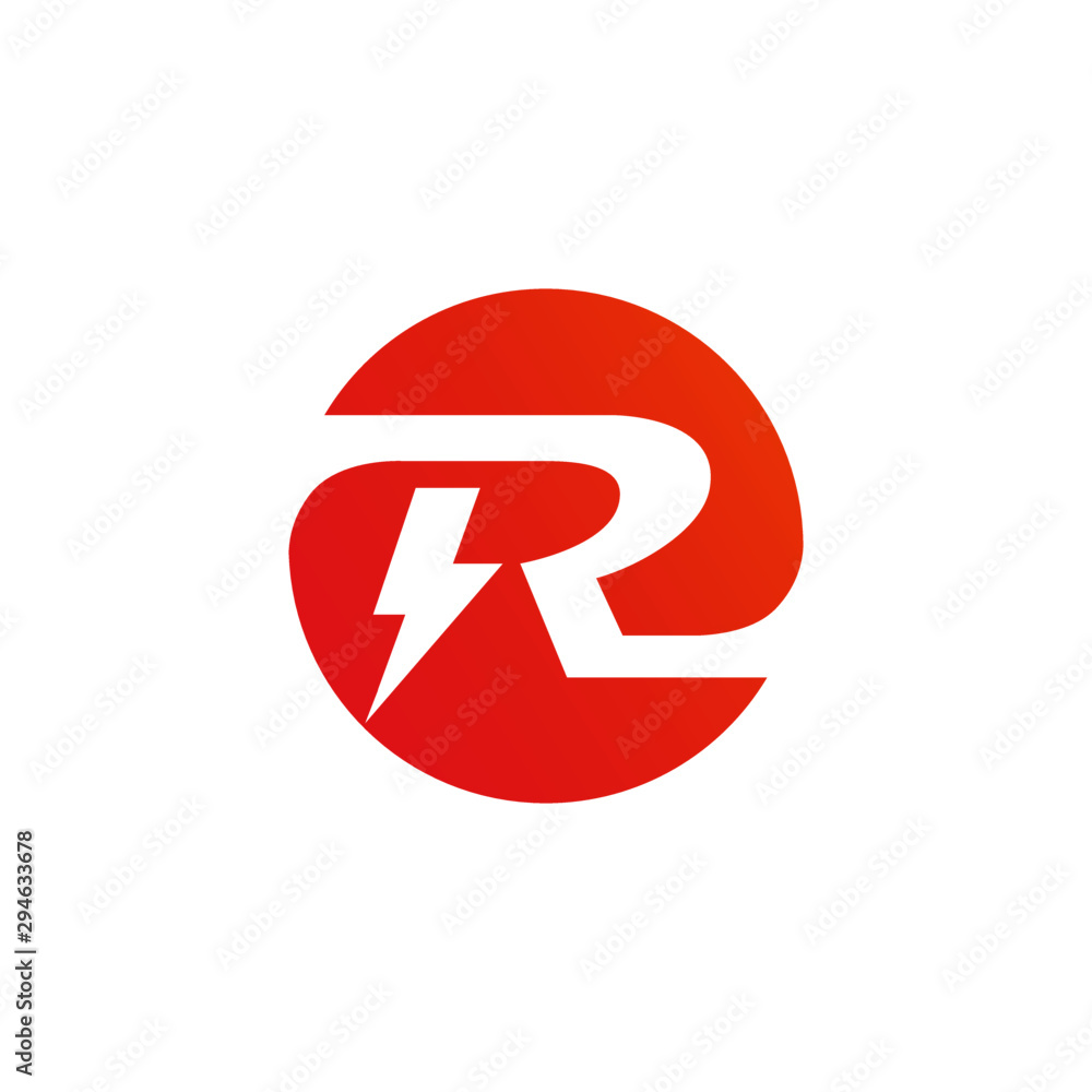R electric logo design with spark and voltage aspect, circle r initial