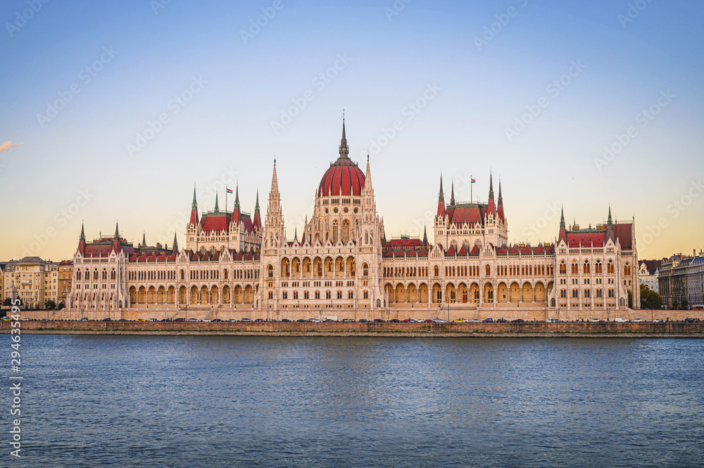 Evening View of Budapest Parliament at sunset, Hungary. Wonderful Cityscape with Colorful sky. Popular travel destination