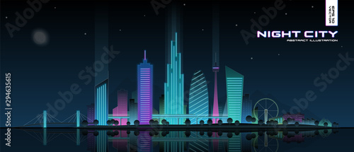 Futuristic neon cityscape illustration. Modern night city panorama with reflected light on water. Illuminated town landscape. Urban skyline with downtown skyscrapers, glowing office buildings, park.