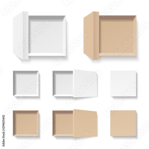 White and craft open boxes set. Empty cardboard container template. 3d top view isolated illustration, transporented shadows. Blank space inside recycle pakage mockup. Closeup realistic vector object.