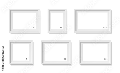 Empty picture frames mockup. Different sizes, formats set (a4, a3, 1:1, 3:2, 4:3 and 16:9) Photo container template. 3d illustration isolated on white wall. Blank space for paper poster. Vector object