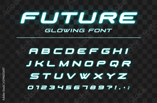 Future glowing font. Fast sport, futuristic, technology alphabet. Neon letters and numbers for high speed, industrial, hi-tech logo design. Modern minimalistic vector abc typeface
