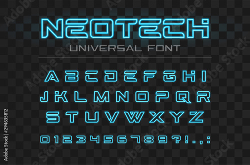Technology glowing font. Fast sport, futuristic, future tech alphabet. Neon letters and numbers for high speed, techno industrial, hi-tech logo design. Modern minimalistic vector abc typeface