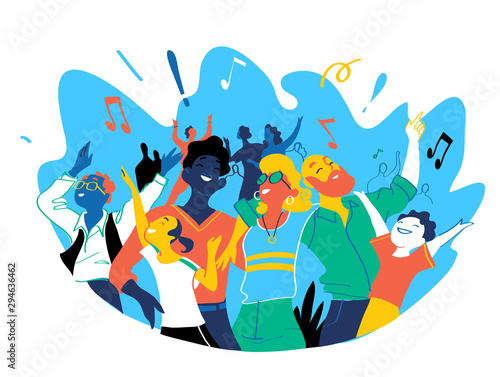 Group of people of different ages is happy to be together celebrating a special event. Happy family enjoy concert, music festival, party, show, performance, recital. Vector illustration