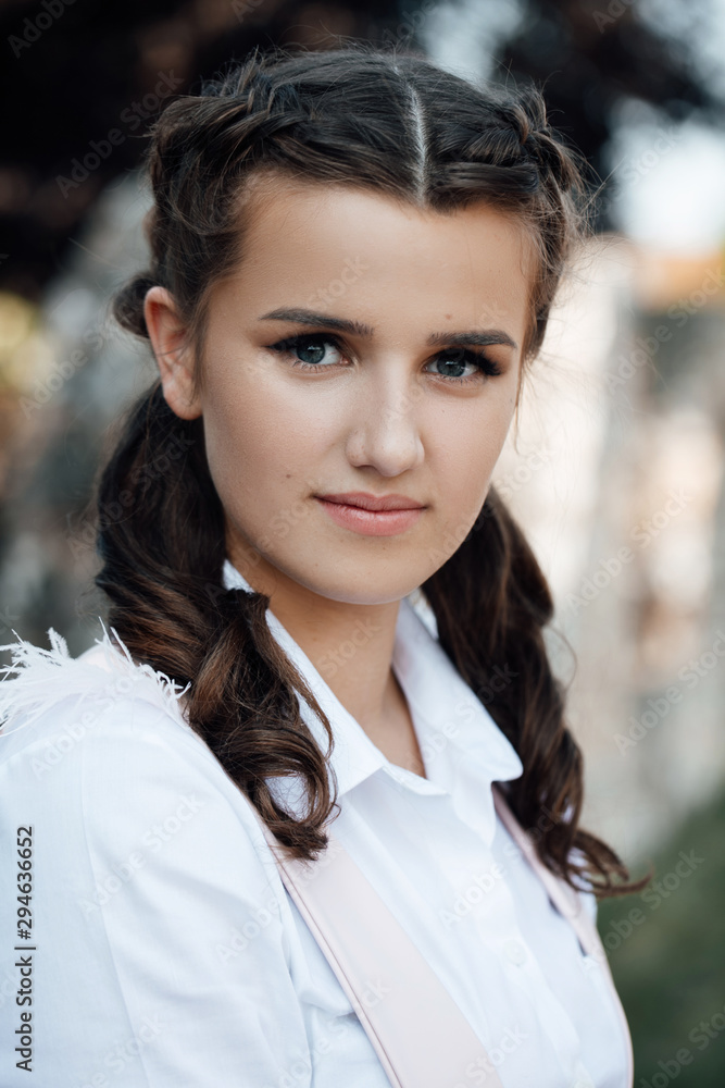 Pretty girl with hair style and make up. Youth and skin care concept. Teenager student girl. Young girl, autumn mood. Romantic mood. Pretty girl with hair style and make up. Youth and skin care concept. Teenager student girl. Young girl, autumn mood. Romantic mood.