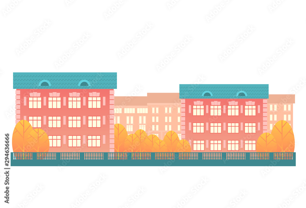 Autumn city. Residential building, yellow trees, patterned fencing. Vector isolated illustration in a flat style.