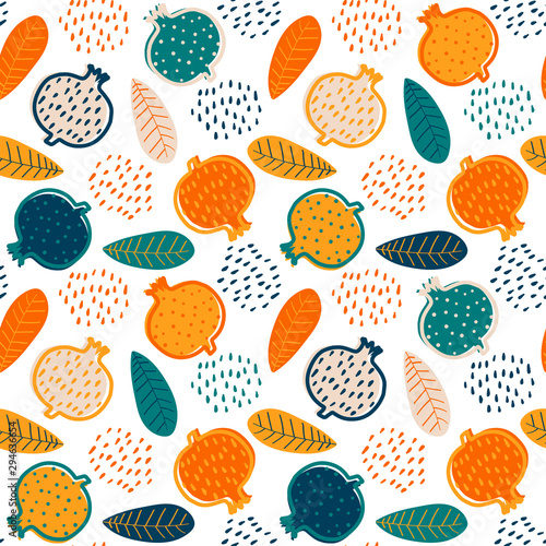 Abstract seamless pattern with stylized cartoon garnets. Design with colorful garnets and leafs. Seamless pattern with fruits in scandinavian style. Colorful nature background