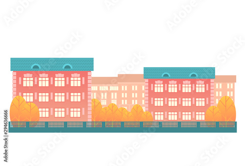 Autumn city. Residential building, yellow trees, patterned fencing. Vector isolated illustration in a flat style.