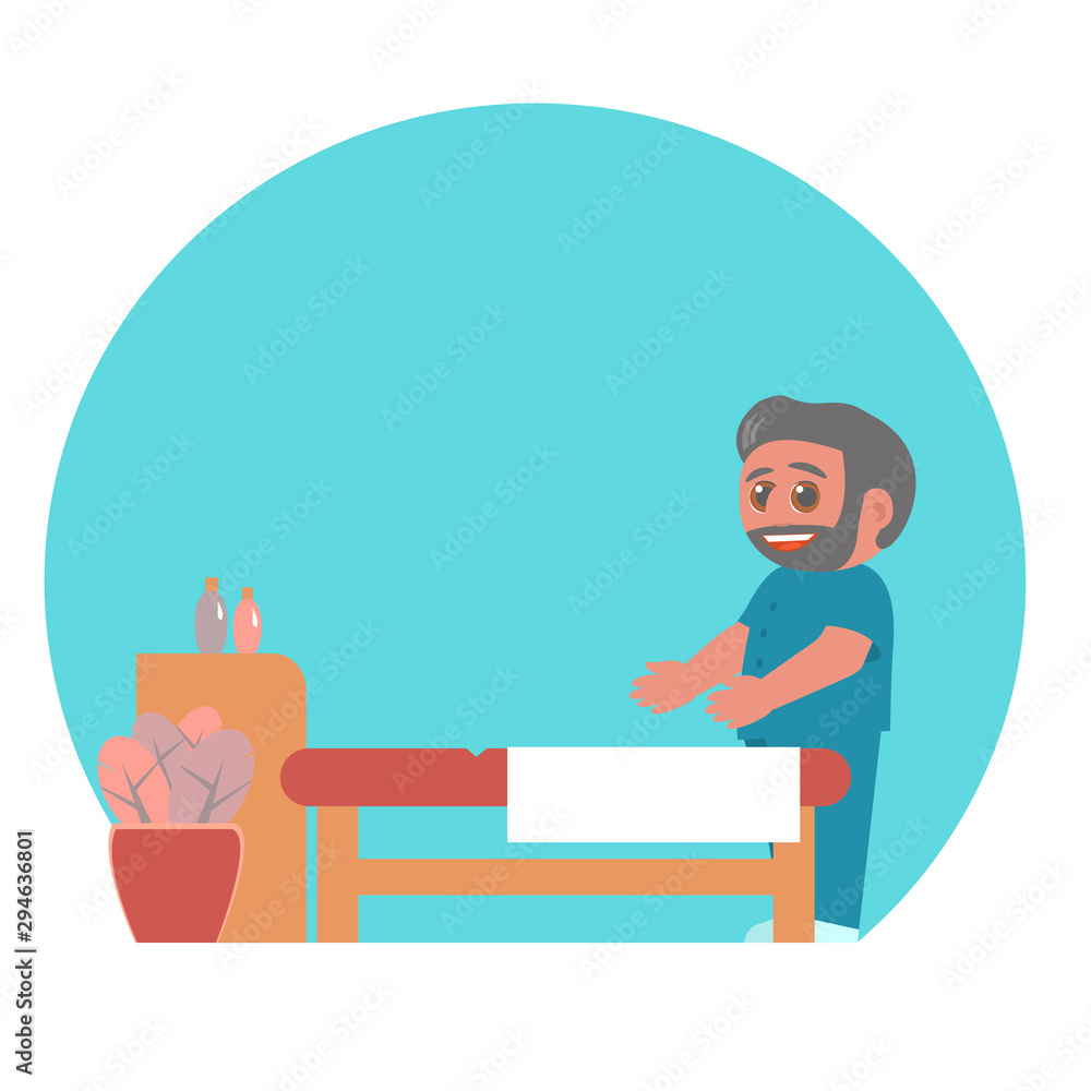A cheerful and kind Caucasian man in medical clothes invites you to lie on a massage table. Around the cozy atmosphere. Cartoon vector illustration. A cheerful and kind Caucasian man in medical clothes invites you to lie on a massage table. Around the cozy atmosphere. Cartoon vector illustration.