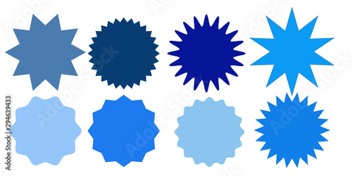 Set of blue violet ultramarine starburst stamps on white background. Badges and labels various shapes. Vector illustration 