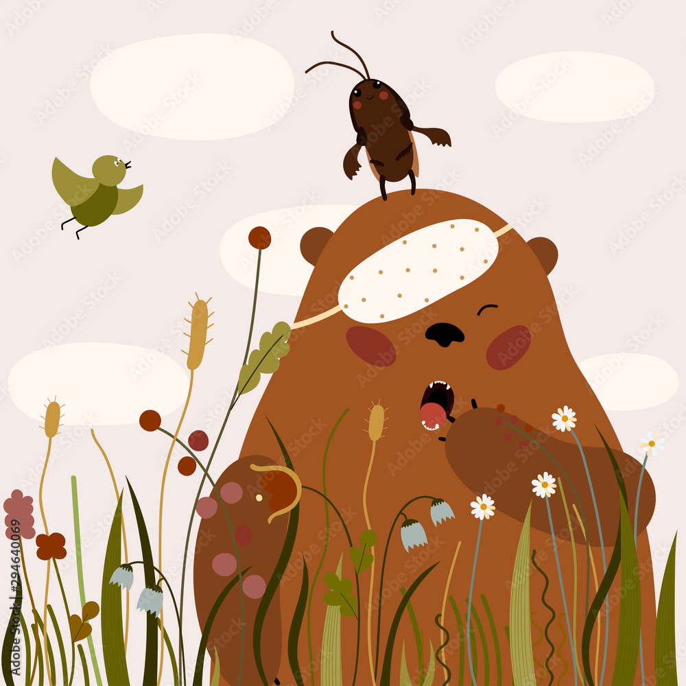 Cute illustration with sleepy bear with mole cricket on it's head . Funny illustration of story about frienship beetwen bear and mole cricet. Perfect for children's books. Stock Illustration | Adobe Stock Cute illustration with sleepy bear with mole cricket on it's head . Funny illustration of story about frienship beetwen bear and mole cricet. Perfect for children's books. Stock Illustration | Adobe Stock