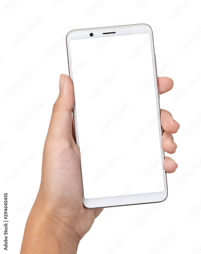 Hand young woman holding smartphone with blank screen isolated on white background with clipping path