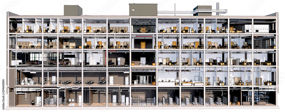 Section view visualization of the interior room space of building without a front facade wall