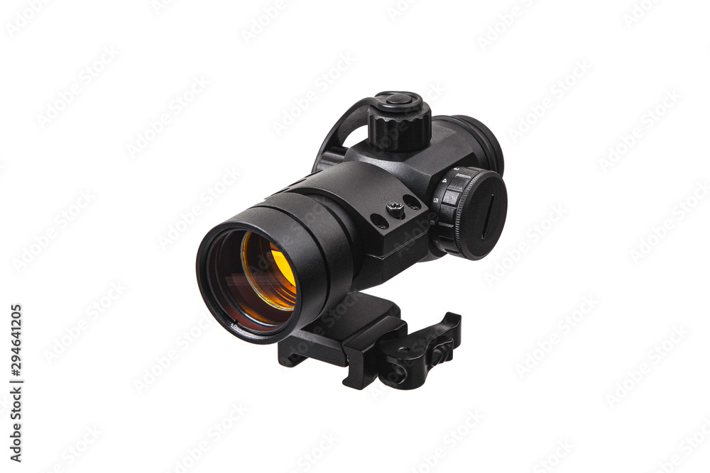 modern black optical scope for weapon isolated on whited. sight scope isolated on white back. modern black optical scope for weapon isolated on whited. sight scope isolated on white back.