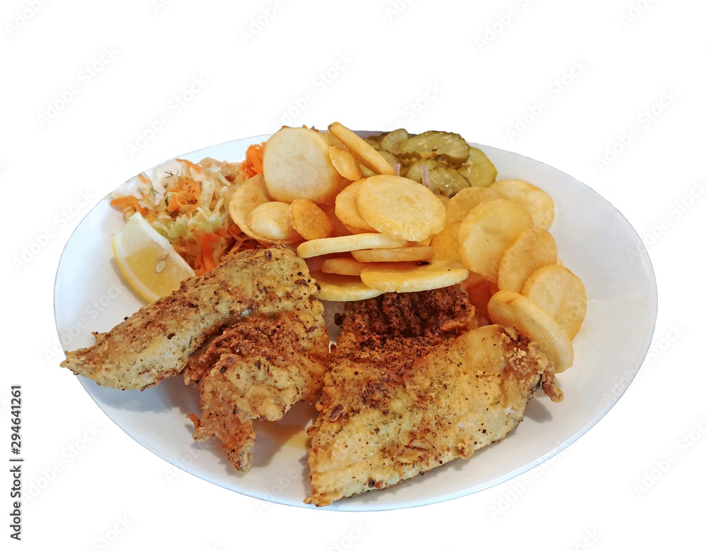 Dorsch mit Bratkartoffeln, Salat und Gurken Dorsch mit Bratkartoffeln, Salat und Gurken