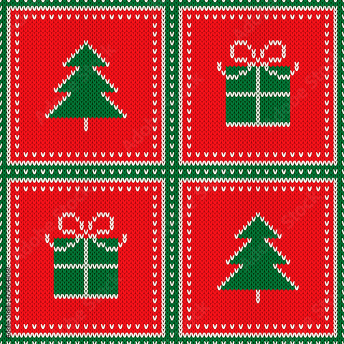 Ugly Christmas Sweater Party Pattern Design. Winter Holiday Seamless Wool Knit Texture Background with Christmas Tree and Gift Box Ornament
