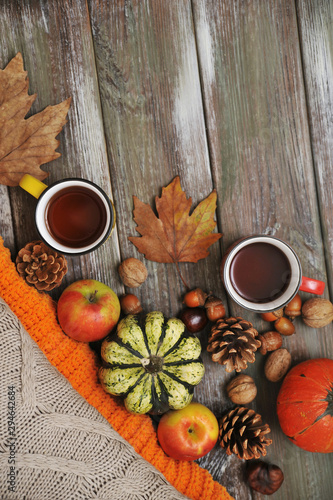 Autumn flat lay background. Pumpkins, apples, nuts,leaves, cups and sweater on wooden background.