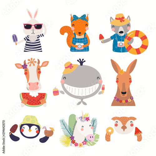 Big set with cute animals doing summer activities. Isolated objects on white background. Hand drawn vector illustration. Scandinavian style flat design. Concept for children print. Cartoon characters.