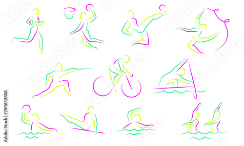 Summer sports icon set  isolated silhouettes of athletes Different kinds of gymnastics  Vector layout design template for sport event. Sport flyer design banner poster. 