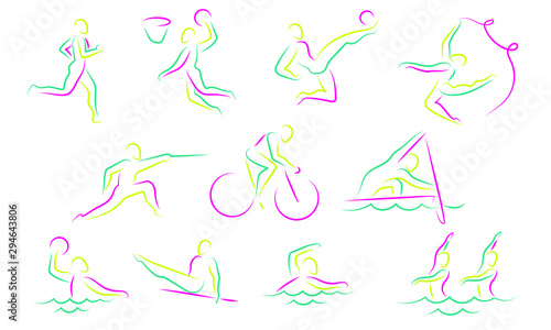 Summer sports icon set  isolated silhouettes of athletes Different kinds of gymnastics, Vector layout design template for sport event. Sport flyer design banner poster. 