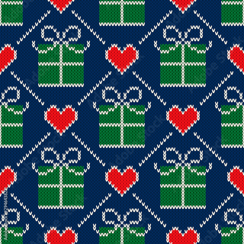 Ugly Christmas Sweater Party Pattern Design. Winter Holiday Seamless Wool Knit Texture Background with Gift Boxes and Hearts Ornament