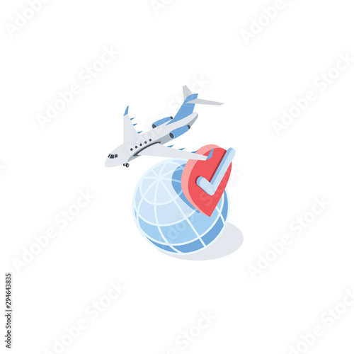 Airplane planet earth label, checkmark. Vector 3d isometric, color web icon, new flat style. Creative illustration design, idea for infographics.