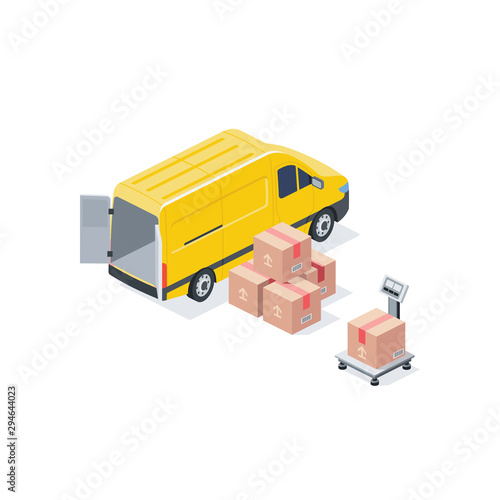 Scales Cargo Van. Vector 3d isometric, color web icon, new flat style. Creative illustration design, idea for infographics.