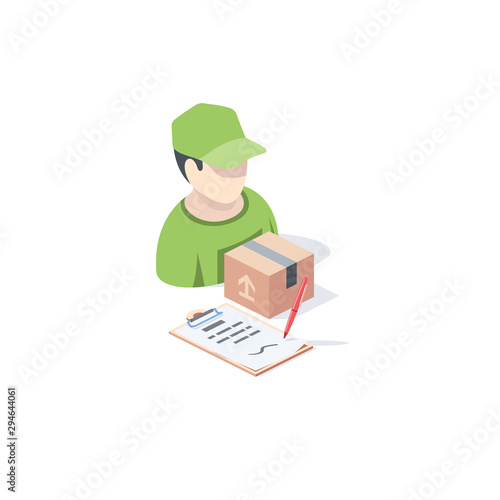Parcel delivery courier. Vector 3d isometric, color web icon, new flat style. Creative illustration design, idea for infographics.