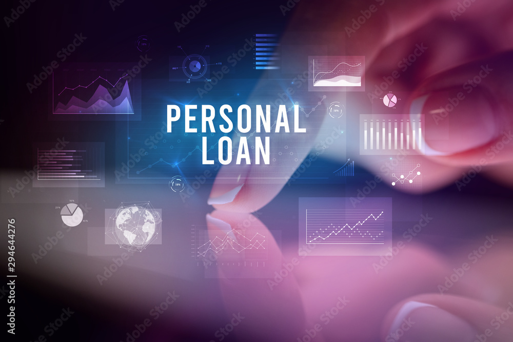 Finger touching tablet with charts and PERSONAL LOAN inscription, business concept Finger touching tablet with charts and PERSONAL LOAN inscription, business concept