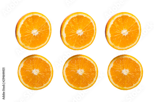 6 oranges slice that were split apart from isolated the white background