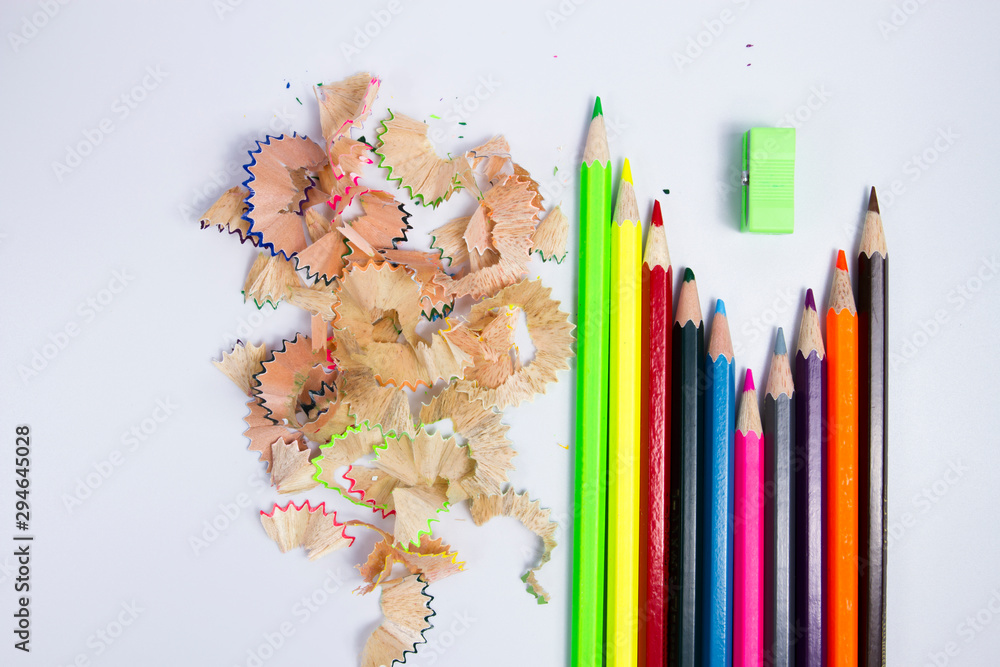 color pencils shavings on white background color pencils shavings on white background