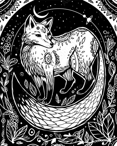 Billede på lærred The fox stand between plants under the sky and moon and planets