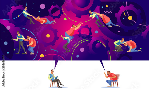 Illustration of the communication between two humans two brains in form of speech, conflict or understanding. Solution exchange and transfer of ideas concept exchanging answers to challenges.