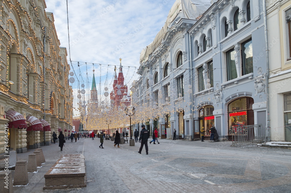 Moscow, Russia - January 9, 2019: Winter view of Nikolskaya street in festive decoration