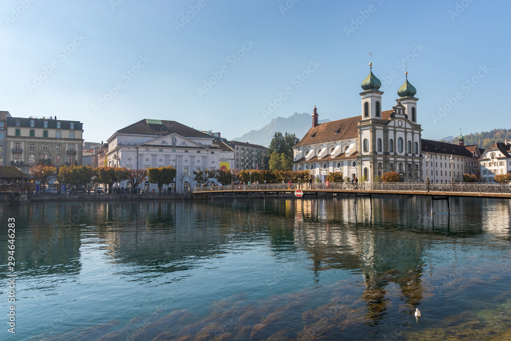 Jesuitenkirche or Jesuit church along Reuss river in Luzern or Lucerne in Switzerland