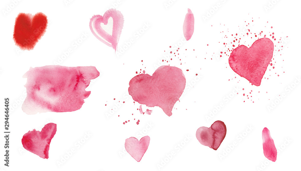 Set of watercolor pink textures. Spots, lines and hearts by St. Valentine's Day. Design for weddings, cards, textiles, packaging and backgrounds. Set of watercolor pink textures. Spots, lines and hearts by St. Valentine's Day. Design for weddings, cards, textiles, packaging and backgrounds.