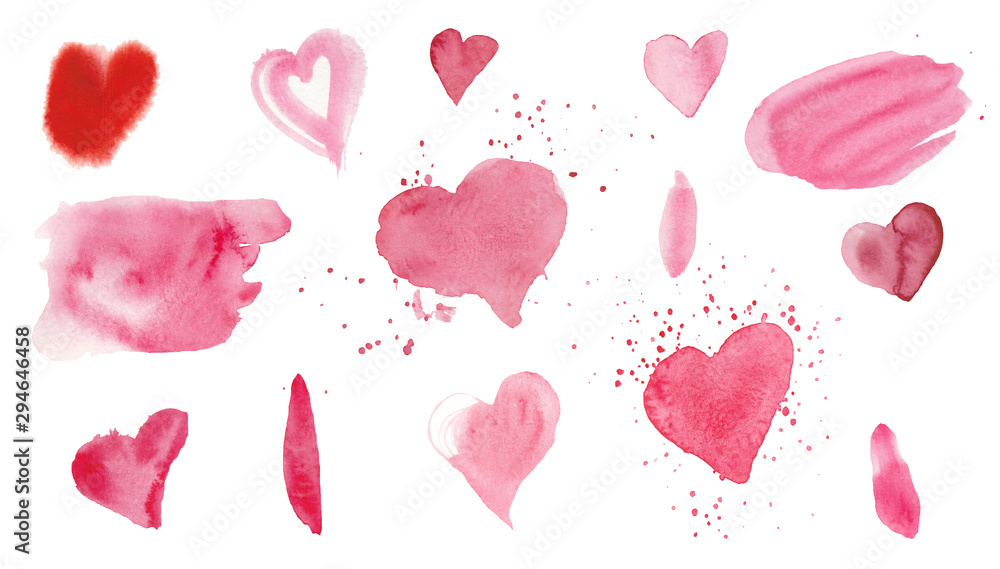 Set of watercolor pink textures. Spots, lines and hearts by St. Valentine's Day. Design for weddings, cards, textiles, packaging and backgrounds. Set of watercolor pink textures. Spots, lines and hearts by St. Valentine's Day. Design for weddings, cards, textiles, packaging and backgrounds.