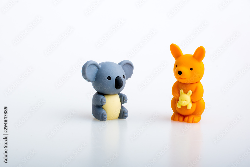 Koala and kangaroo rubber toys, cute animal shaped rubber doll isolated in white background. Koala and kangaroo rubber toys, cute animal shaped rubber doll isolated in white background.