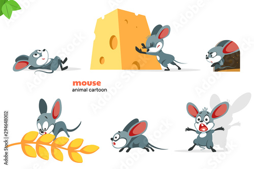 Set of cute mouse character with different action poses, isolated on white background