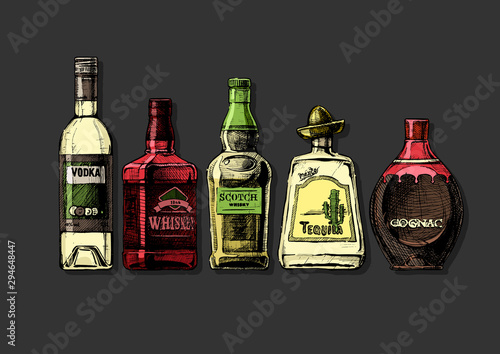bottles of alcohol. Distilled beverage