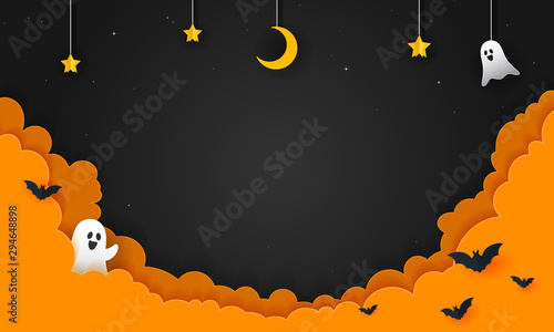 Halloween Night Background Vector illustration. Spooky ghost with night sky, paper art style